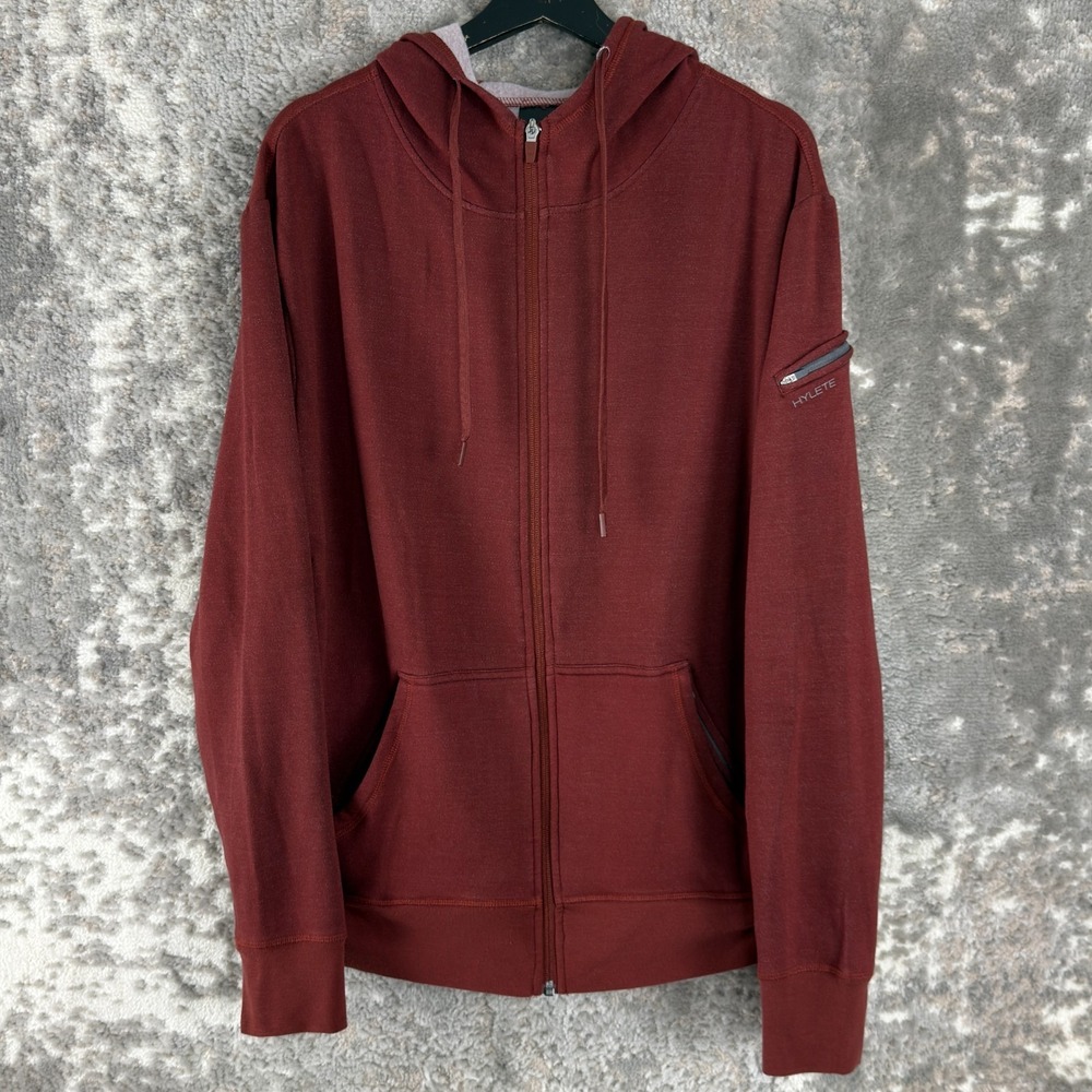 HYLETE‎ Size XL Minimalist Stretch Full Zip Drawstring Hooded Jacket Burgundy